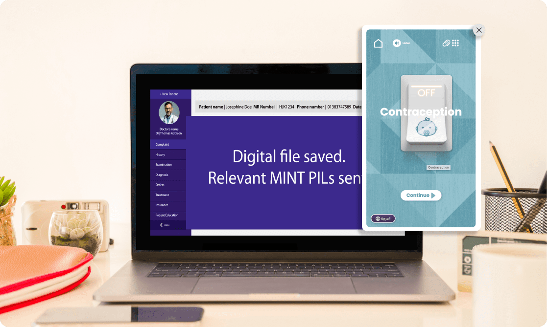 Laptop screen displaying EMR workflow with MINT sending relevant patient information leaflets.