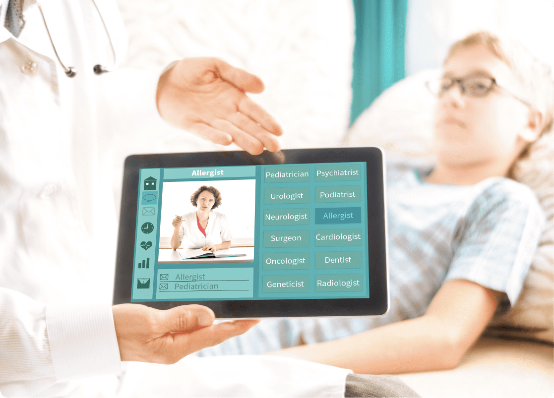 Digital platform for patient education displayed on a tablet during a pediatric consultation.