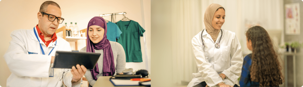 A male healthcare professional and a woman reviewing Patient Information Leaflets in Arabic on a digital tablet, alongside a female doctor warmly communicating health information to a young girl in a clinic setting.