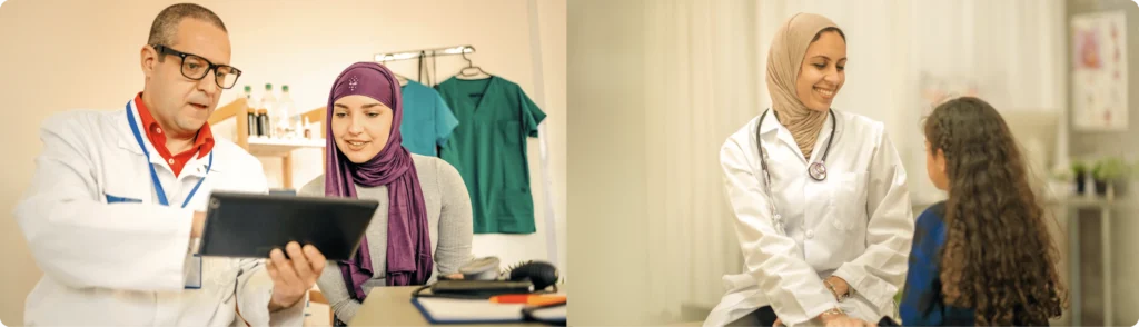 A male healthcare professional and a woman reviewing Patient Information Leaflets in Arabic on a digital tablet, alongside a female doctor warmly communicating health information to a young girl in a clinic setting.
