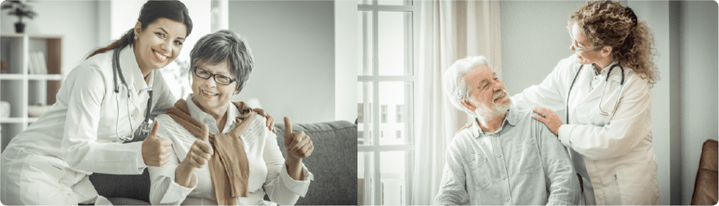 2 images for happy patients and doctors indicating patients satisfaction. on the left an old female patient and a femae doctor thums up and on the right side an old patient looks towords his caring doctor with a smile