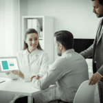 patient in hospital recieving education from hcp, beside them a patient advocacy specialist ensuring that the patient recieve his right