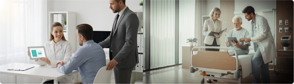 Healthcare professionals engaging a patient using digital tools, demonstrating patient advocacy through shared decision-making and education.