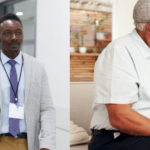 Left panel: Diverse healthcare team walking hospital corridor during hospital accreditation review Right panel: Nurse providing patient education to elderly man during home health visit