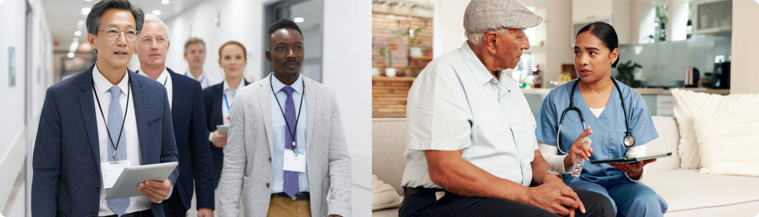 Left panel: Diverse healthcare team walking hospital corridor during hospital accreditation review Right panel: Nurse providing patient education to elderly man during home health visit