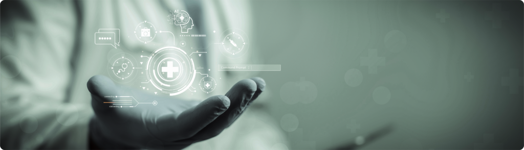 Futuristic healthcare interface in hand representing digital transformation in health care and connected medical technologies