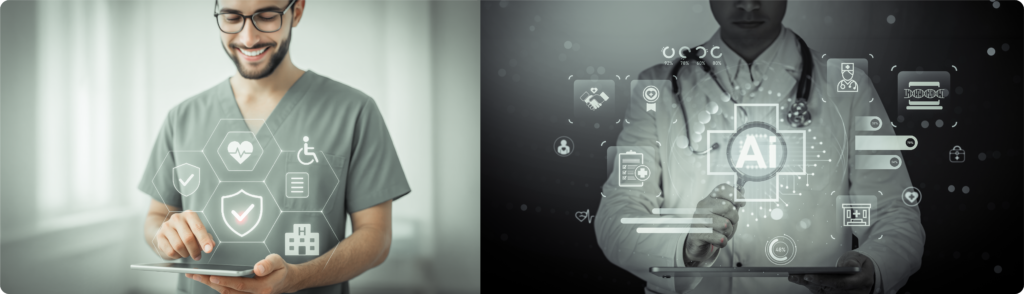 Healthcare professional using a tablet alongside a futuristic medical interface in hand, representing digital transformation in health care, connected technologies, and smart clinical workflows