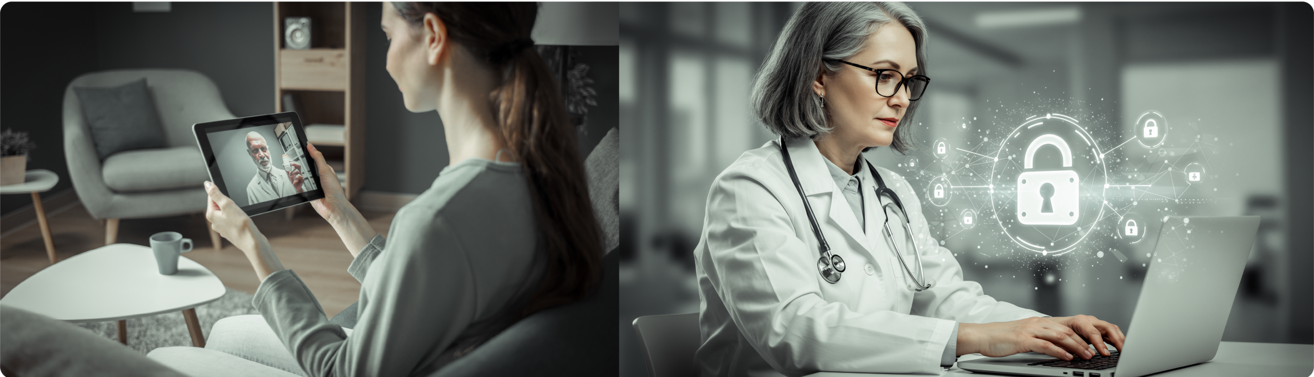 Patient attending a virtual consultation via tablet while a doctor secures medical data on a laptop, highlighting telemedicine, cybersecurity, and digital transformation in health care